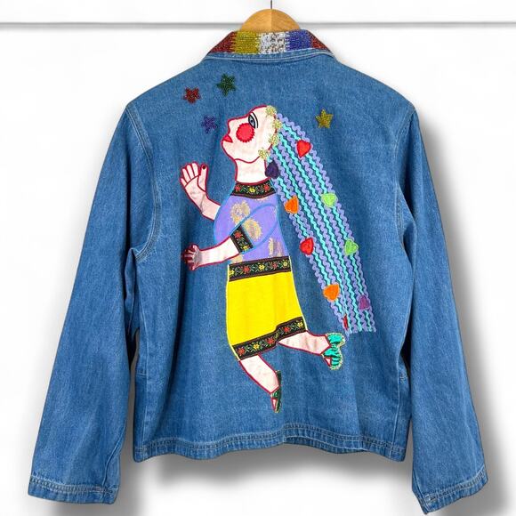 Vtg 90s Chicos Design Stargazer Denim Jean Jacket Beaded Design Size 1 Medium 8 - Picture 1 of 7